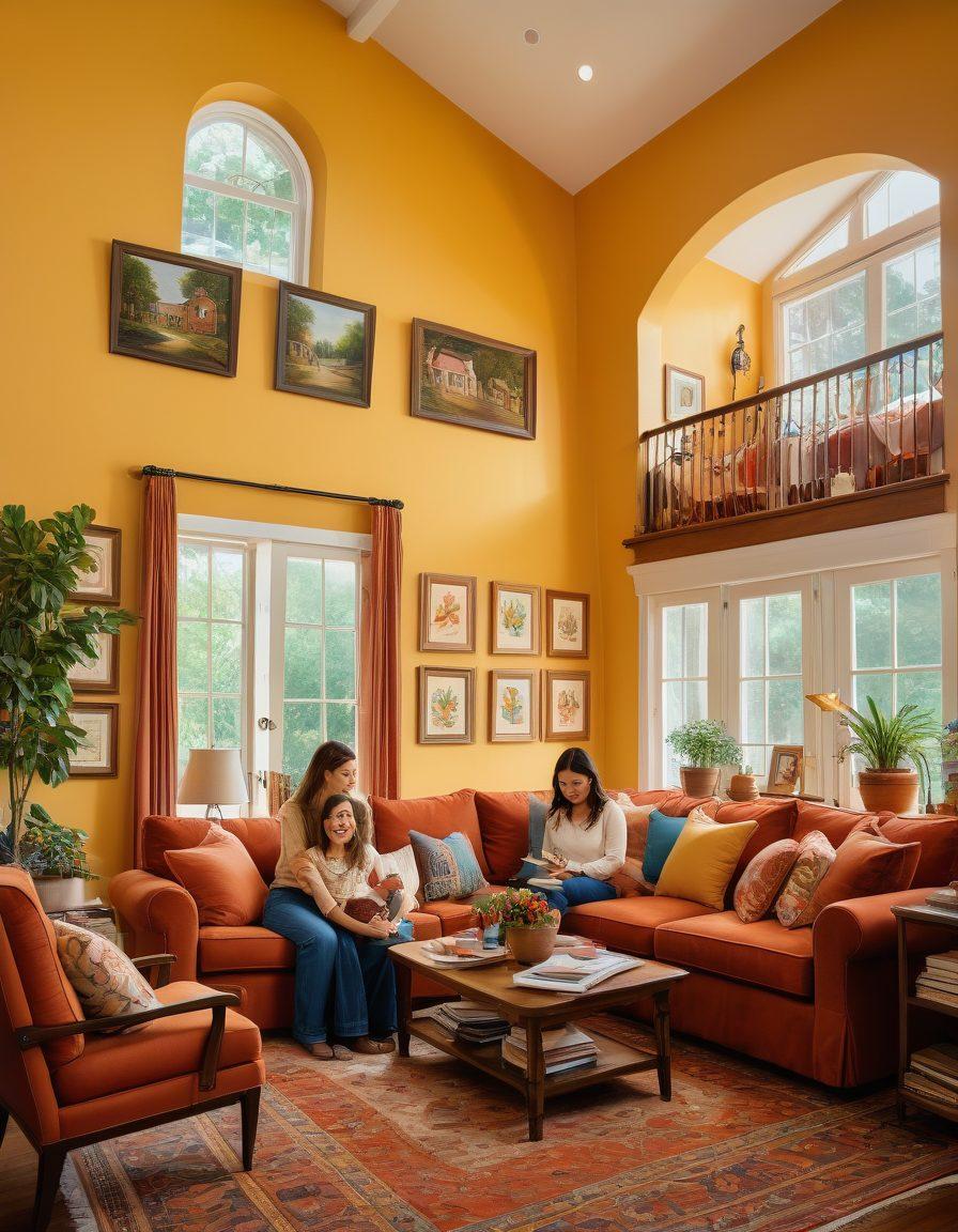 A serene family scene featuring parents and children in a cozy home setting, surrounded by symbols of financial security like a house, shield icons, and safety nets. Include elements like happy faces, playful activities, and a warm atmosphere that exudes comfort and security. Incorporate subtle imagery of growth charts or financial documents in the background to signify planning for the future. painting. vibrant colors. warm tones.