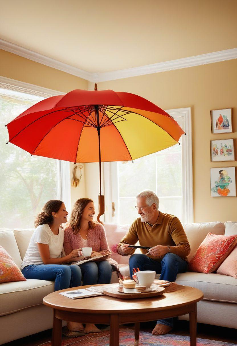 A warm family scene featuring diverse family members enjoying a day together in a cozy home setting, surrounded by symbols of protection like an umbrella, a shield, and heart icons. Emphasize a sense of security and happiness, with bright, inviting colors and soft lighting that conveys comfort. Include visual elements representing insurance, such as documents or a friendly advisor. The overall tone should reflect affordability and care for loved ones. vibrant colors. super-realistic.