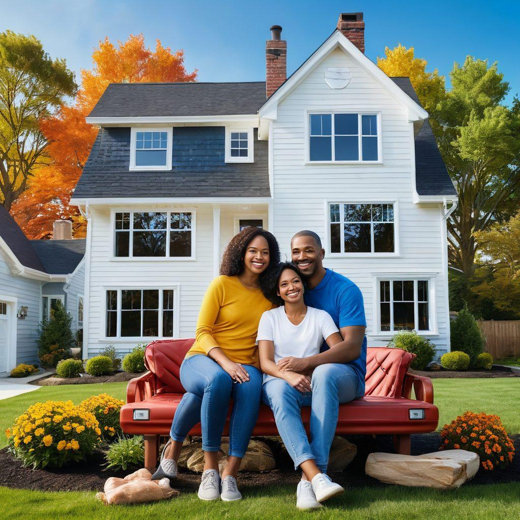 A warm family scene depicting a diverse group of loved ones gathered together, surrounded by floating icons representing various insurance options like health, home, and auto. The atmosphere should evoke a sense of security and togetherness, with soft, inviting colors and a clear blue sky in the background. Add elements like a cozy home and a heart symbol to emphasize protection and care. super-realistic. vibrant colors. white background.